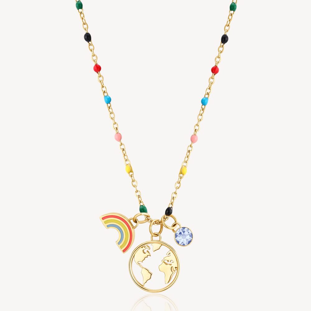 Collier voyage, acier doré, zircon bleu, pierres multicolores, émaux mixtes Collier voyage, acier doré, zircon bleu, pierres multicolores, émaux mixtes