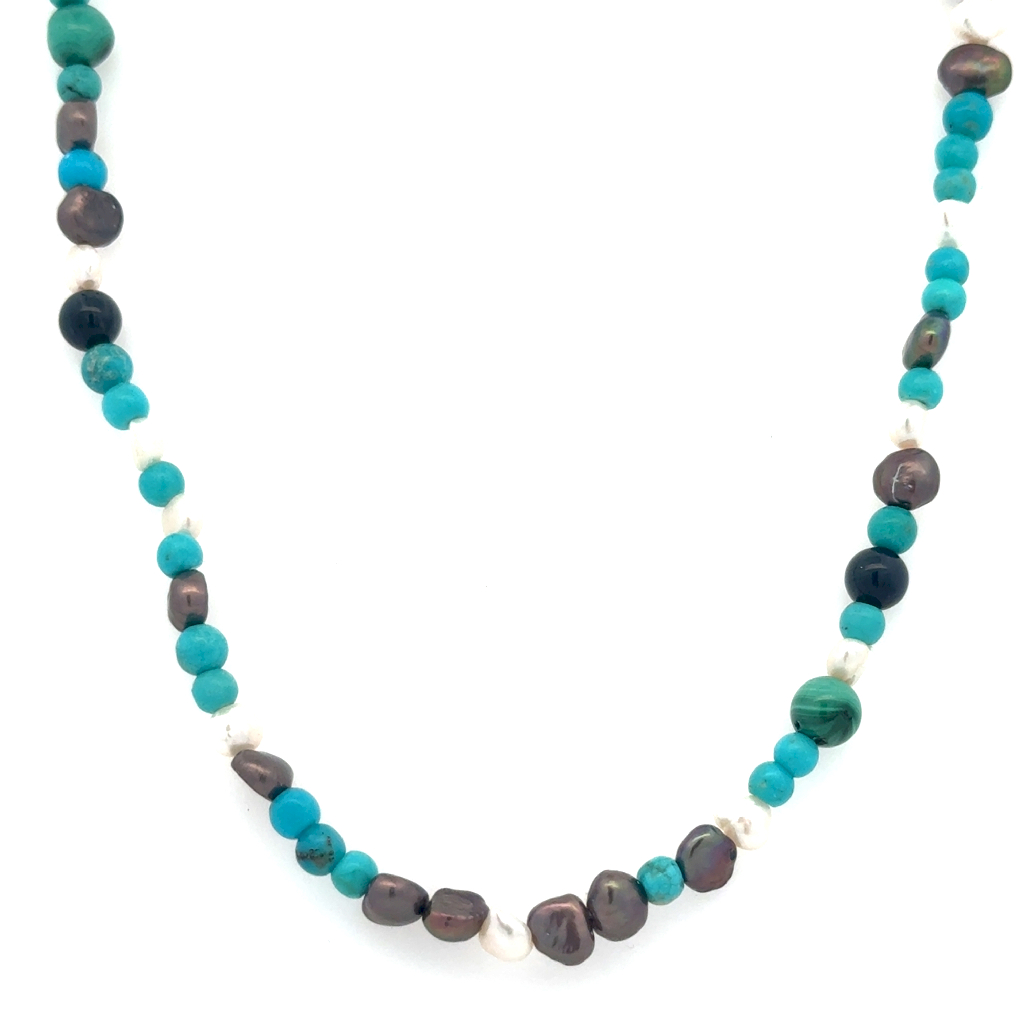 Collier turquoises, perles multi, oeil de faucon, malachites, fermoir argent