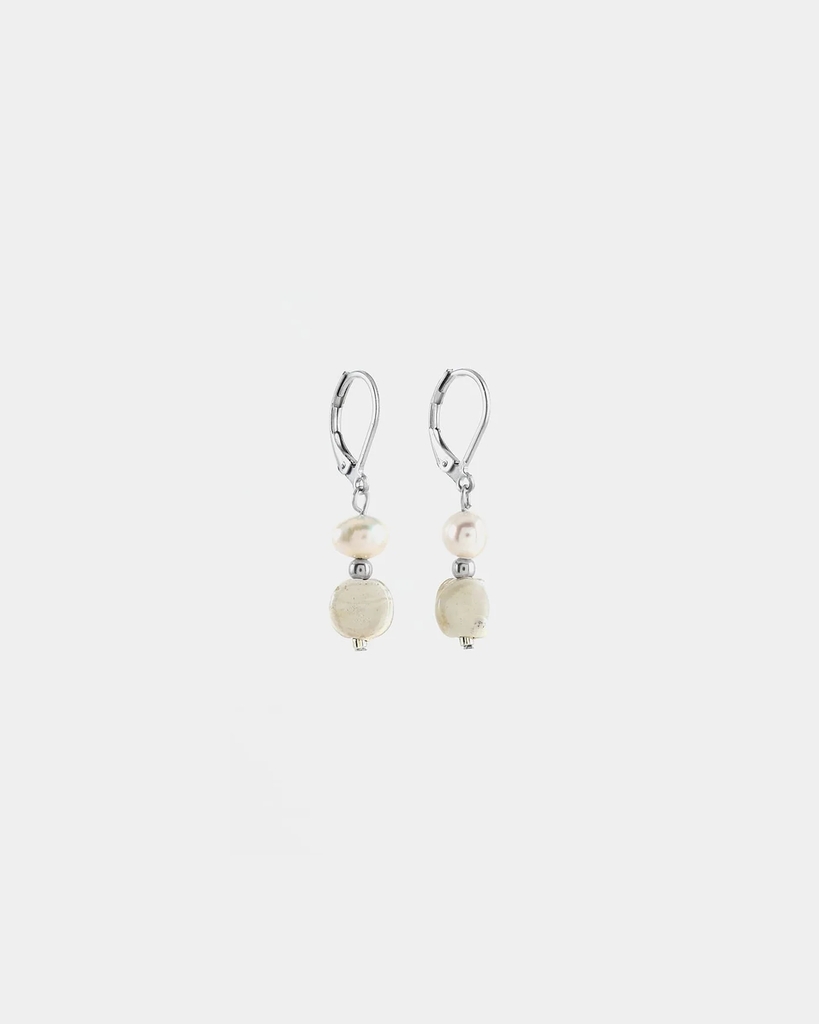 Drop earrings in stainless steel, pewter, glass and beads d'eau douce