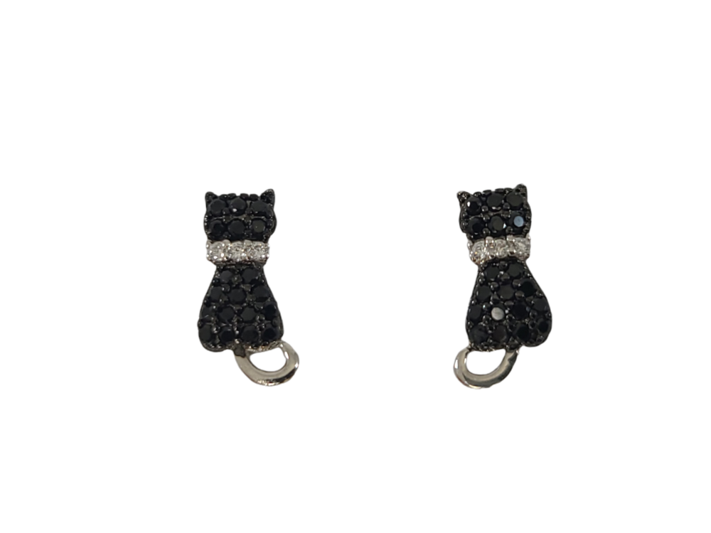 Boucles d'oreilles fixes chats argent, zircons blancs et noirs - E1297 - Création Gl