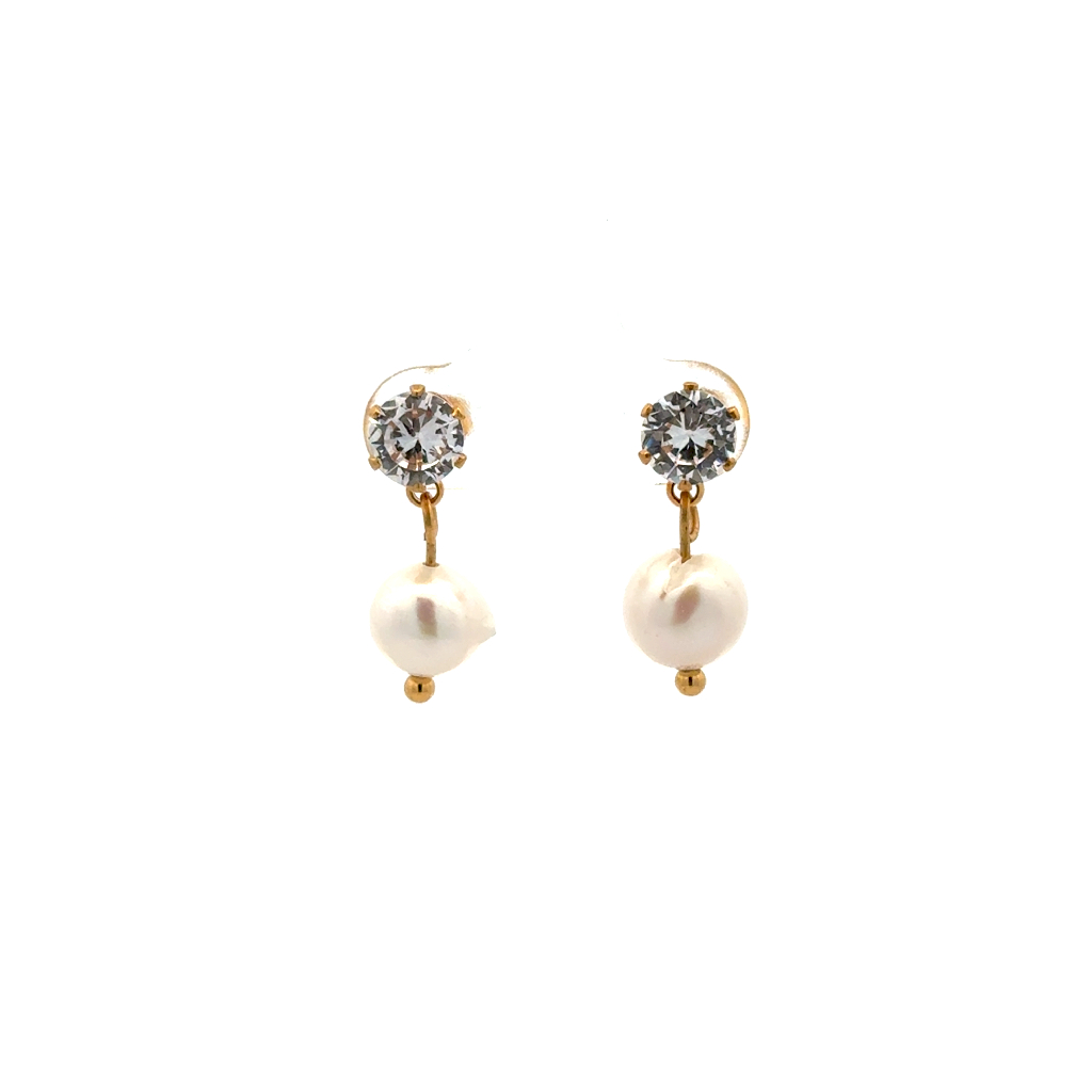 Bo pendantes acier doré, perles d'eau douce, zircons