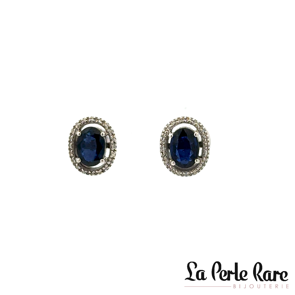 Boucles d'oreilles fixes or blanc 14 carats, saphirs, 7 points de diamant total - ER097148-01-14S - Zen