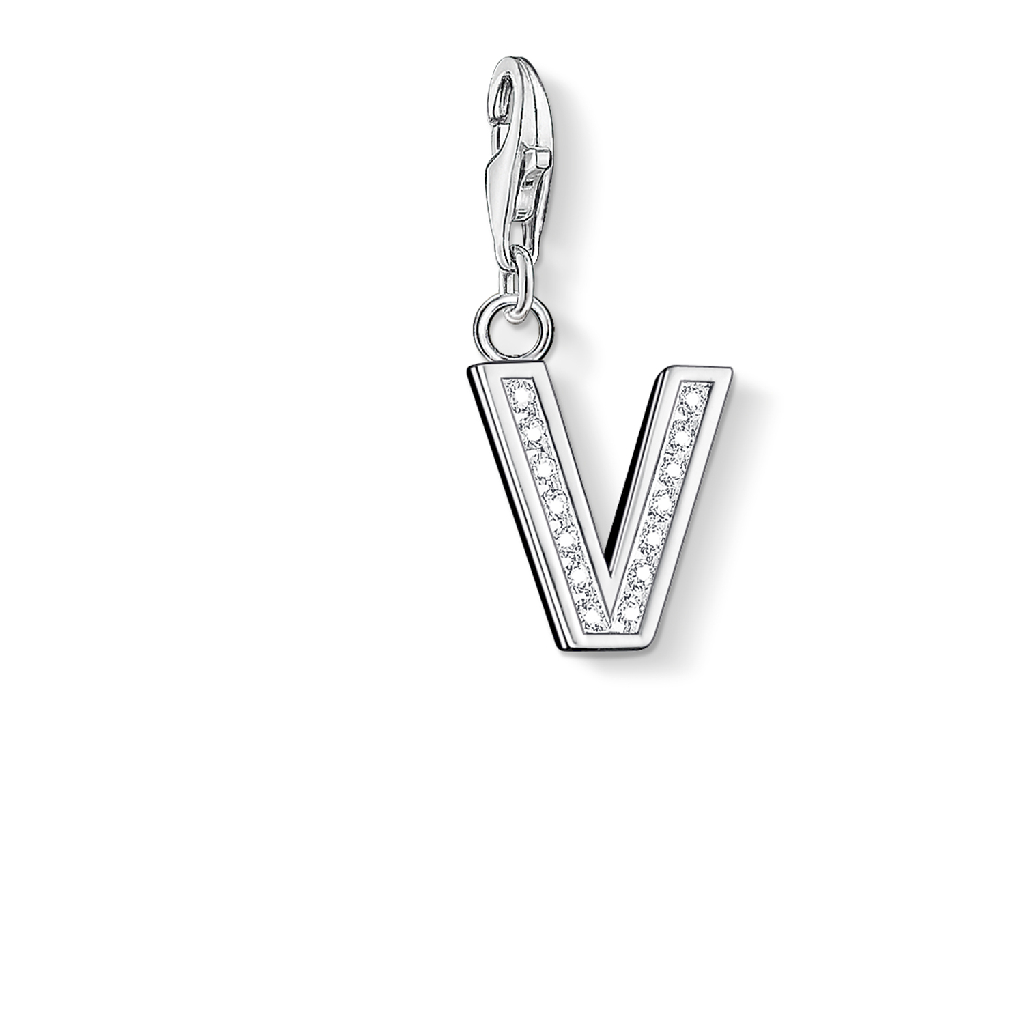 Charm lettre V, argent, zircons incolores