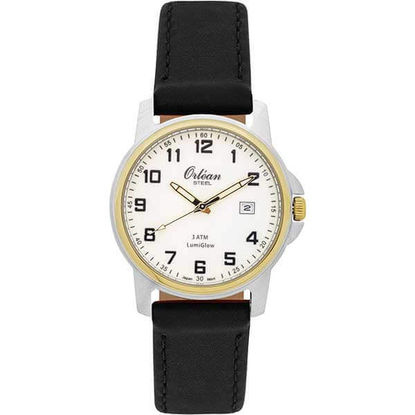 Montre cuir noir, acier inoxydable 2 tons (blanc/jaune), fond blanc - ME3192-LTR - Orlean