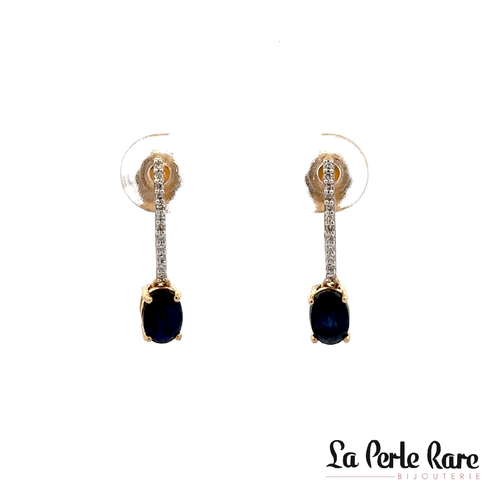 Boucles d'oreilles pendantes or jaune 10 carats, saphirs, 10 points de diamants total - LPR-2539 - Exclusivités