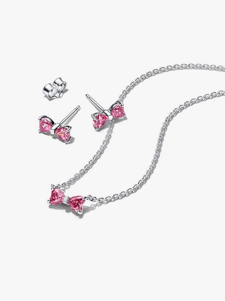 Ensemble-cadeau collier et boucles d'oreilles fixes, boucles scintillantes, argent, zircons roses - B802653 - Pandora