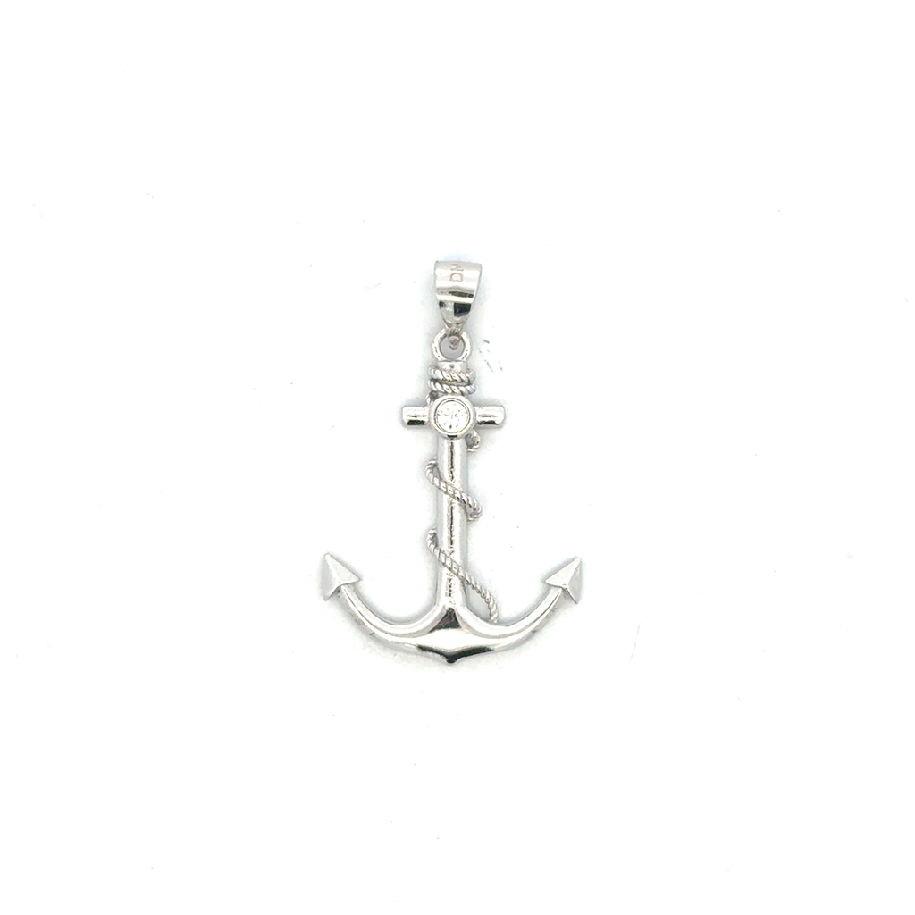 Pendentif ancre, argent rhodié, zircon incolore