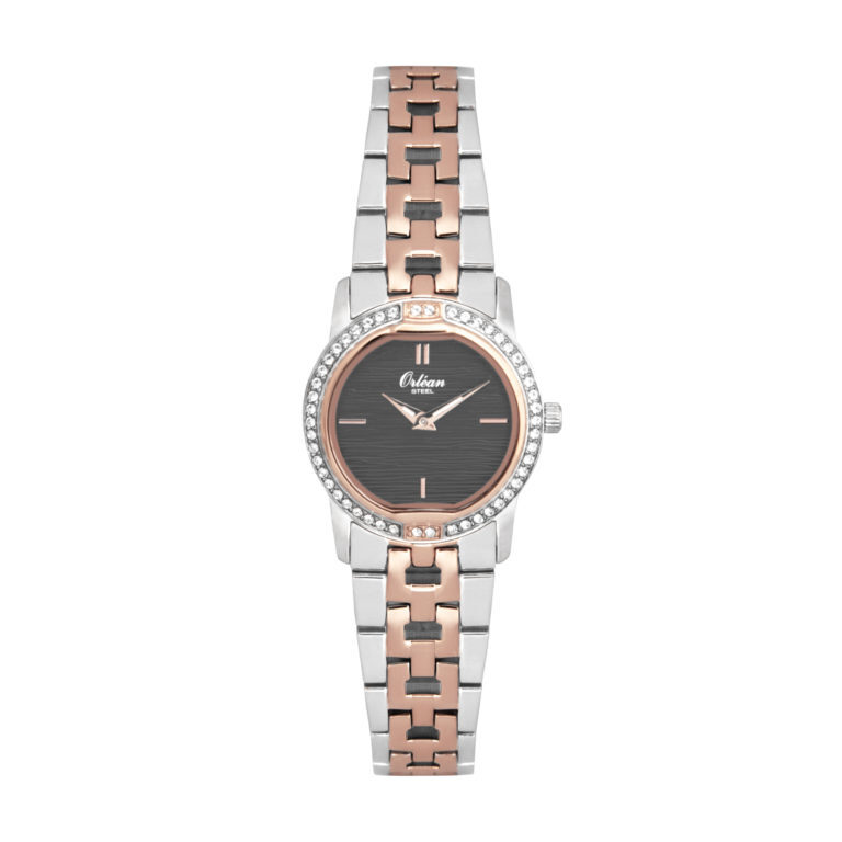 Montre femme 2 tons rose, lunette avec cz et cadran fond noir Montre femme 2 tons rose, lunette avec cz et cadran fond noir