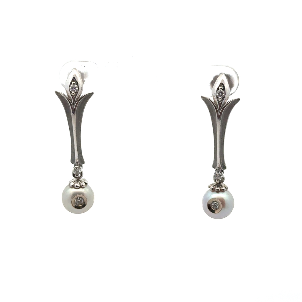 Boucles d'oreilles pendantes or blanc 14 carats, perles grises, 13 points de diamant total - 14901 - Galatea