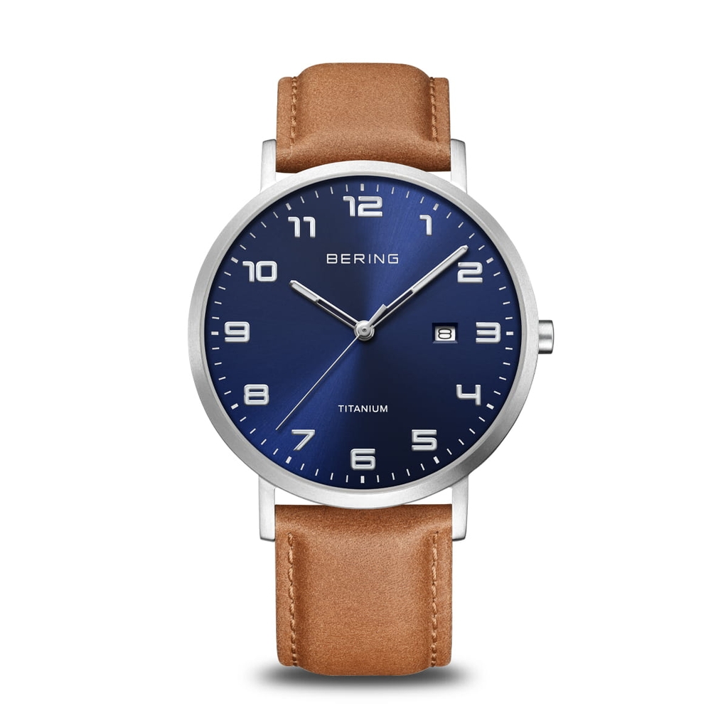 Montre cuir brun, acier inoxydable, fond bleu - 18640-567 - Bering