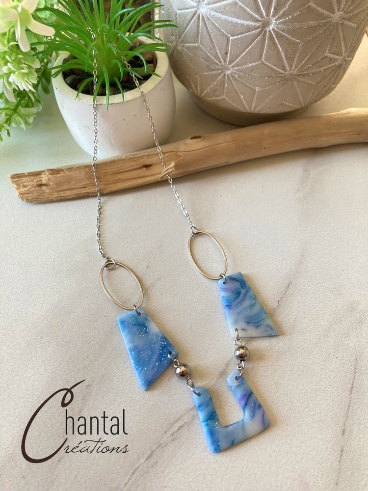 Collier Nicole bleu, argile polymère, acier inoxydable - 25-CO-5 - Création Chantal