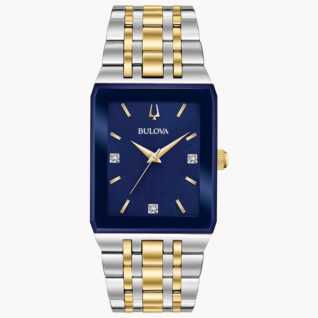 Montre rectangulaire, acier inoxydable 2 tons (blanc et jaune), fond bleu, diamants - 98D154 - Bulova