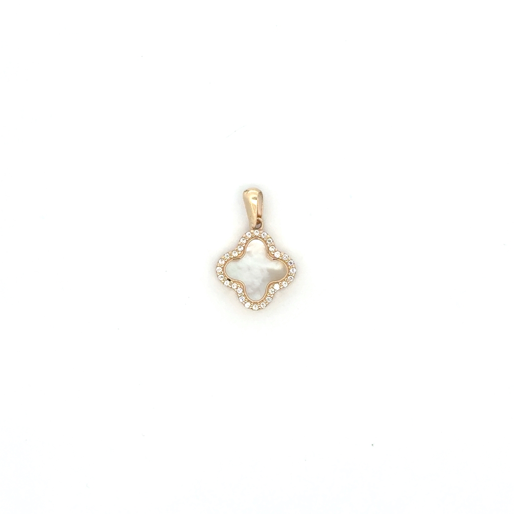 Pendentif de style Van Cleef, or jaune 10 carats, nacre, zircons incolores