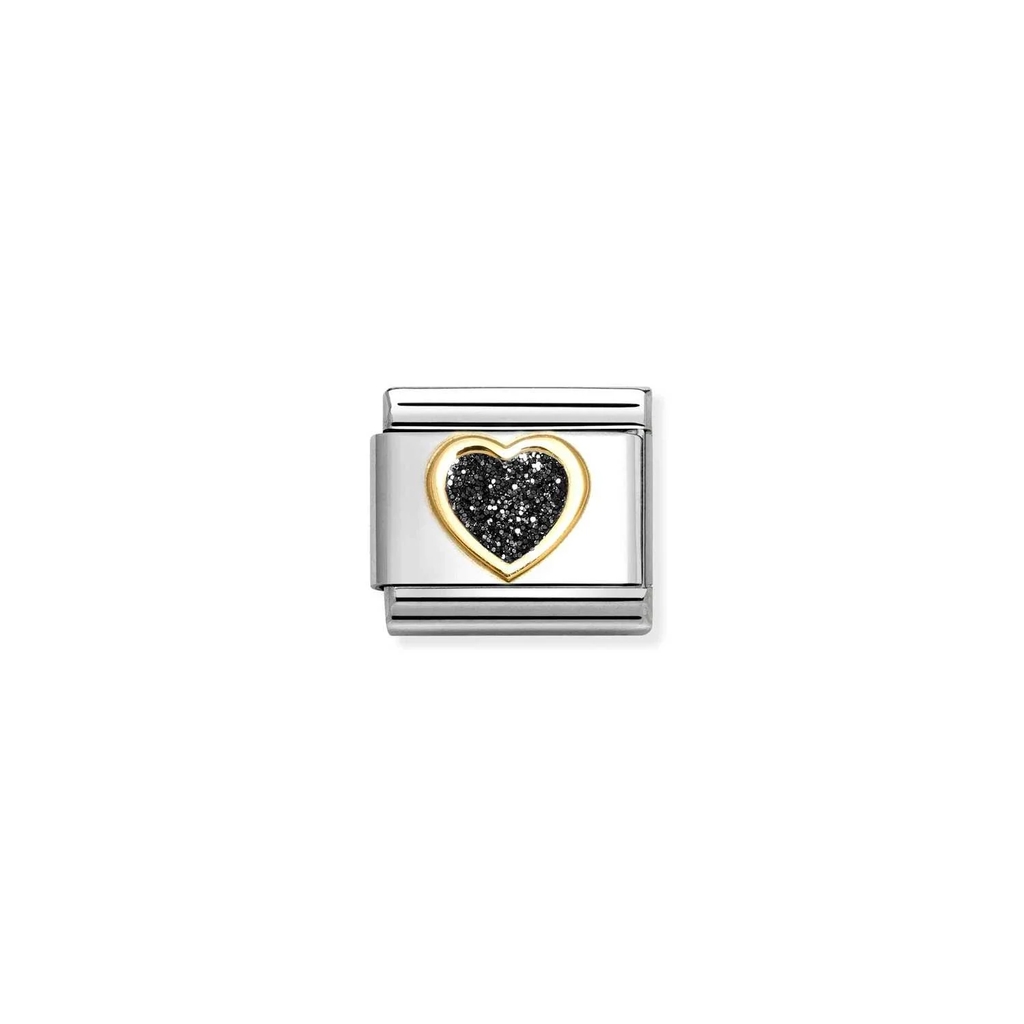 Maille classique coeur, acier inoxydable, finition or jaune 18 carats, paillettes noires