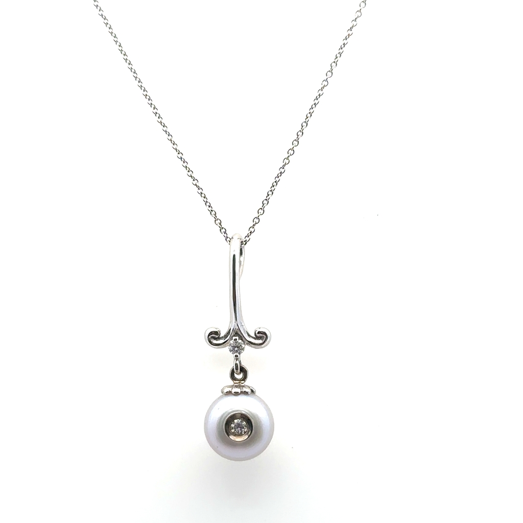 Pendentif or blanc 14 carats, perle grise, 7 points de diamant total - 12751 - Galatea