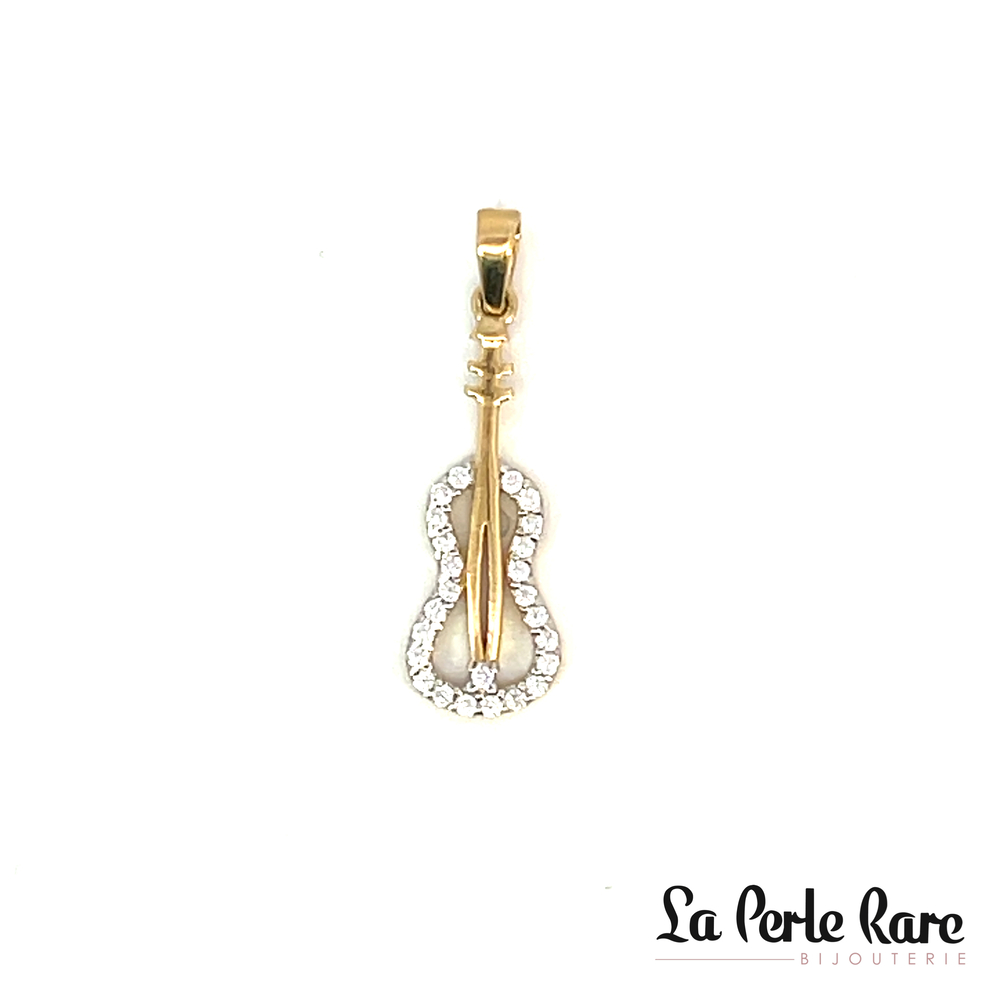 Pendentif violon, or jaune 10 carats, zircons incolores