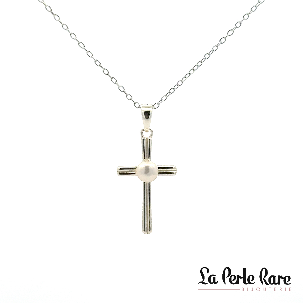 Pendentif croix, argent, perle - N4421 - Création Gl