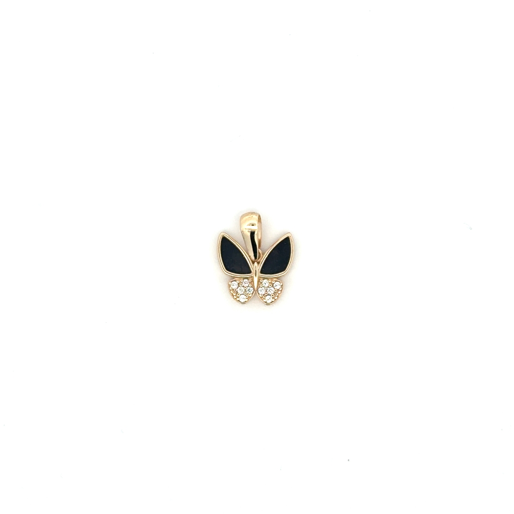 Pendentif papillon, or jaune 10 carats, onyx, zircons incolores