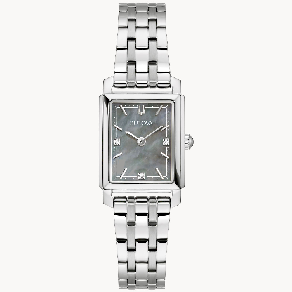 Montre rectangulaire, acier inoxydable, fond nacré, diamants - 96P252 - Bulova