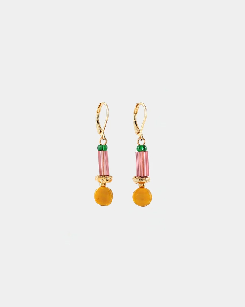 Boucles d'oreilles pendantes acier inoxydable doré, étain doré, verre coloré