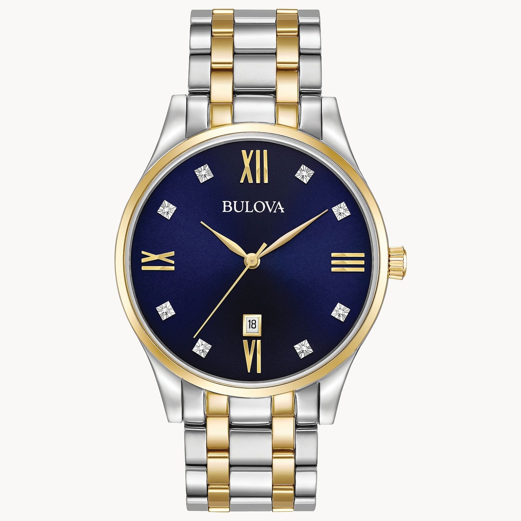 Montre acier inoxydable 2 tons (blanc et jaune), fond bleu, diamants - 98D130 - Bulova