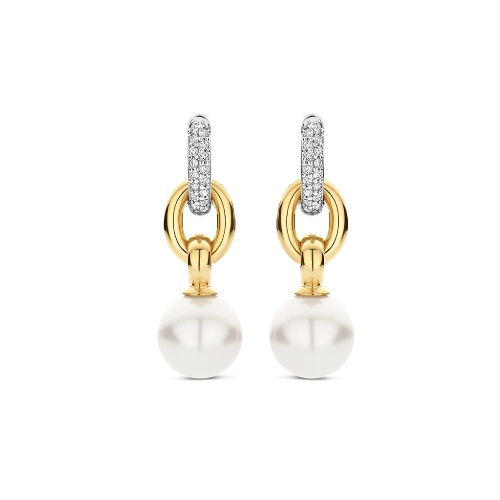 Boucles d'oreilles pendantes argent 2 tons (jaune et blanc), perles, zircons incolores - 78016YP - Ti Sento