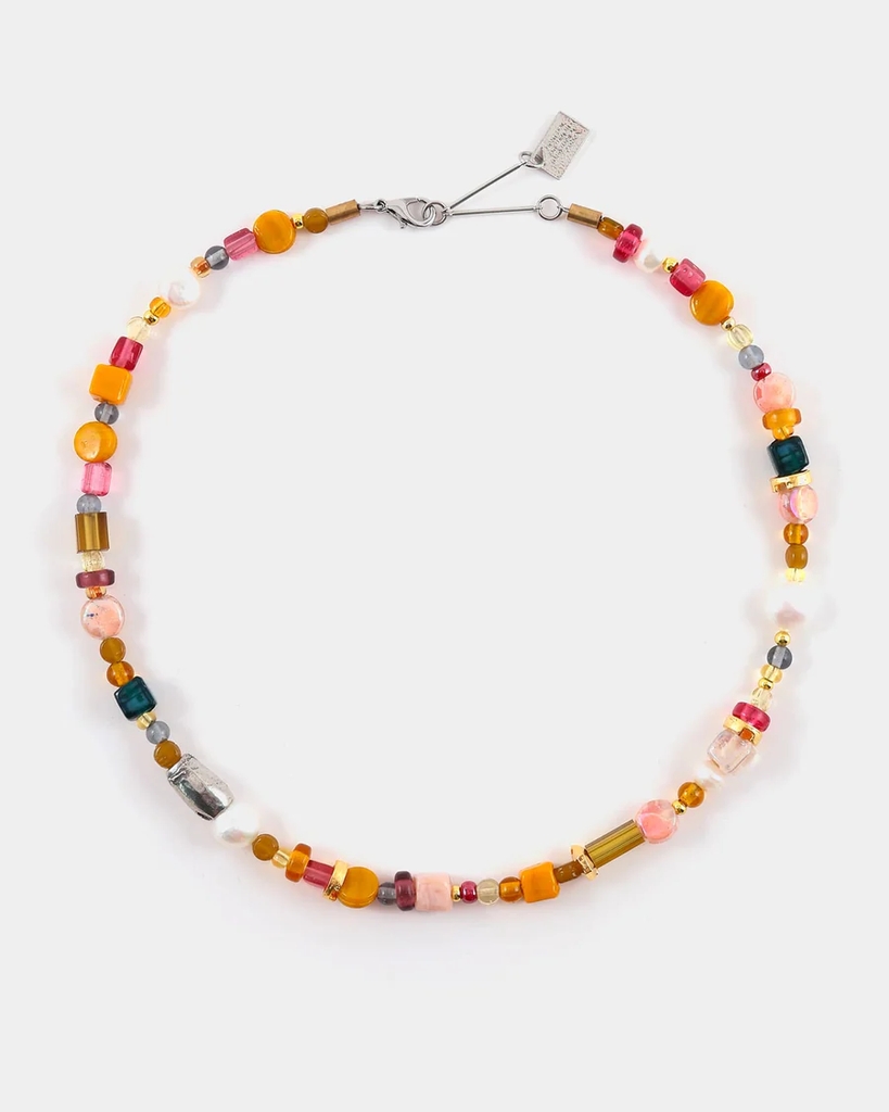 Collier étain 2 tons (blanc/jaune), résine, verre, perles d'eau douce