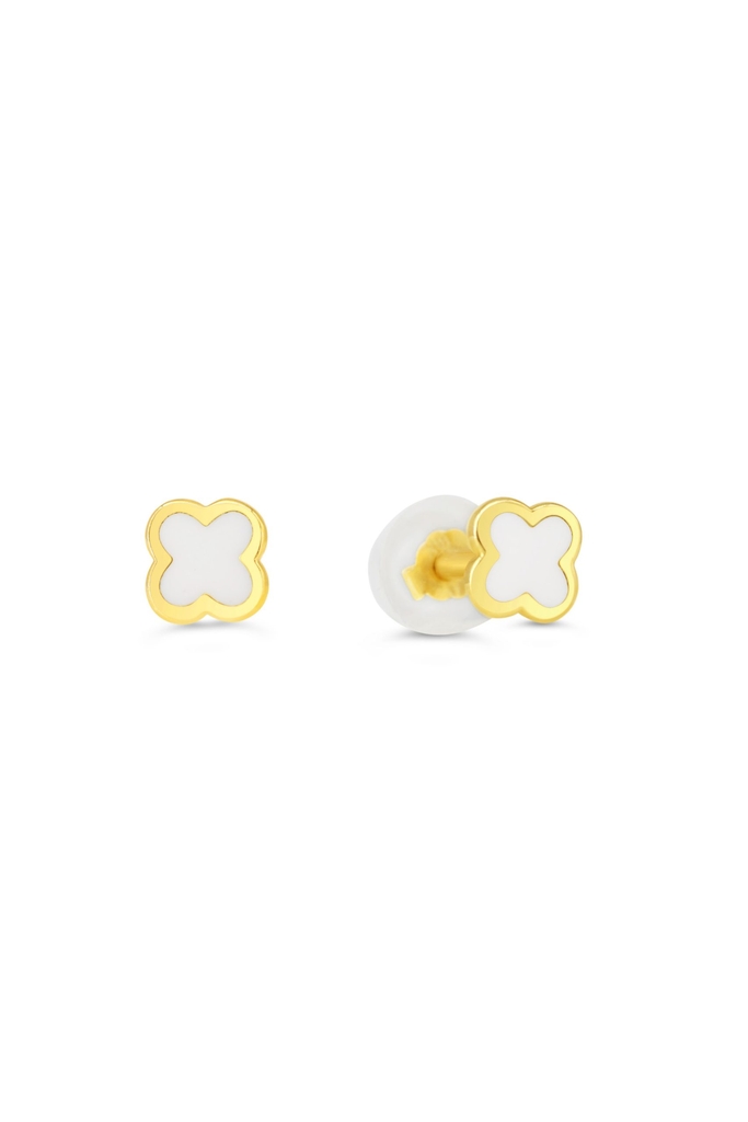 Boucles d'oreilles fixes de style Van Cleef, or jaune 14 carats, émail blanc