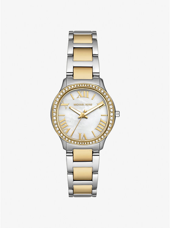 Montre acier inoxydable 2 tons (blanc et jaune), fond nacré, zircons incolores - MK4910 - Michael Kors