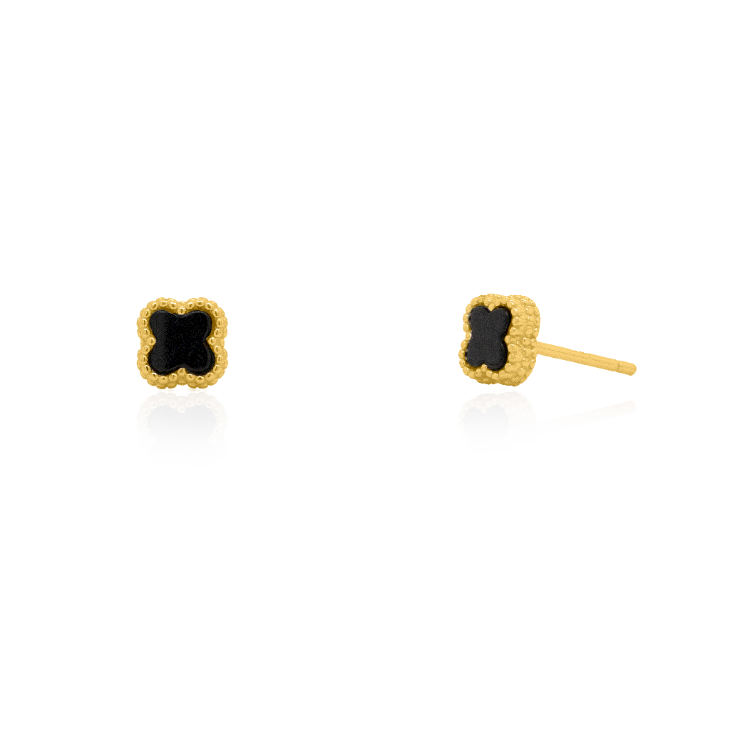 Boucles d'oreilles fixes de style Van Cleef, argent finition or jaune, agates noires - ST-1671-BG - Exclusivités