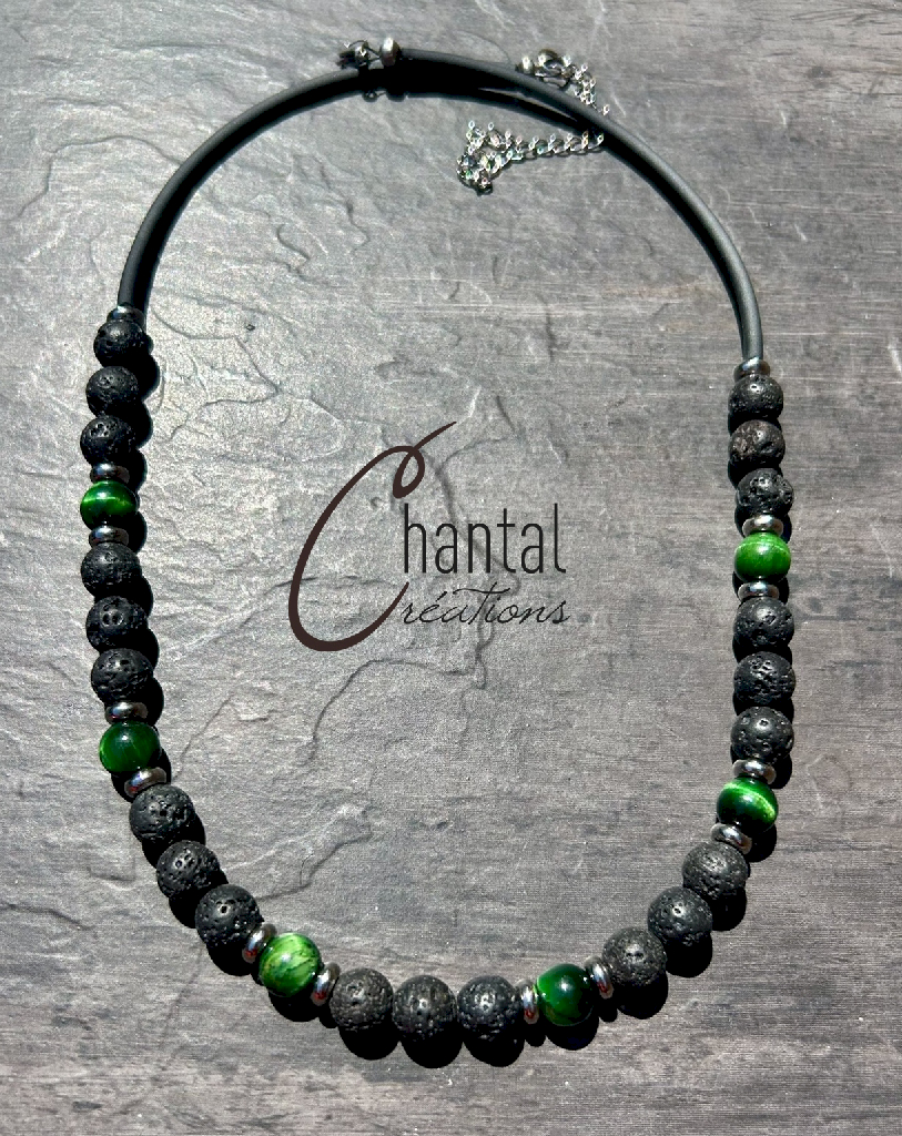 Collier Patrick vert, pierre de lave, oeil-de-tigre vert, acier inoxydable, pvc