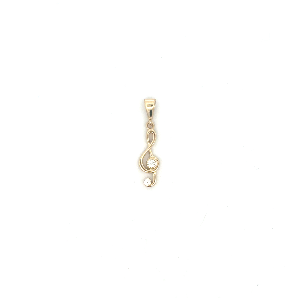 Pendentif clé de Sol, or jaune 10 carats, zircons incolores