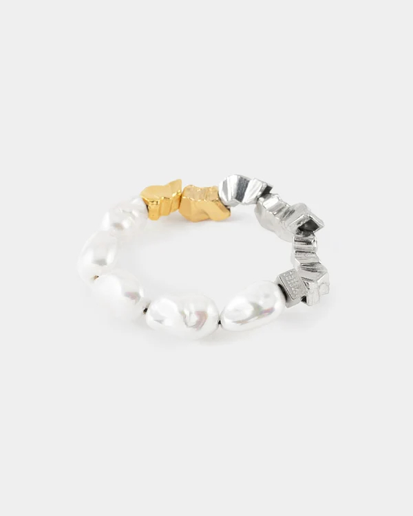 Bracelet élastique, étain 2 tons (blanc/jaune), perles