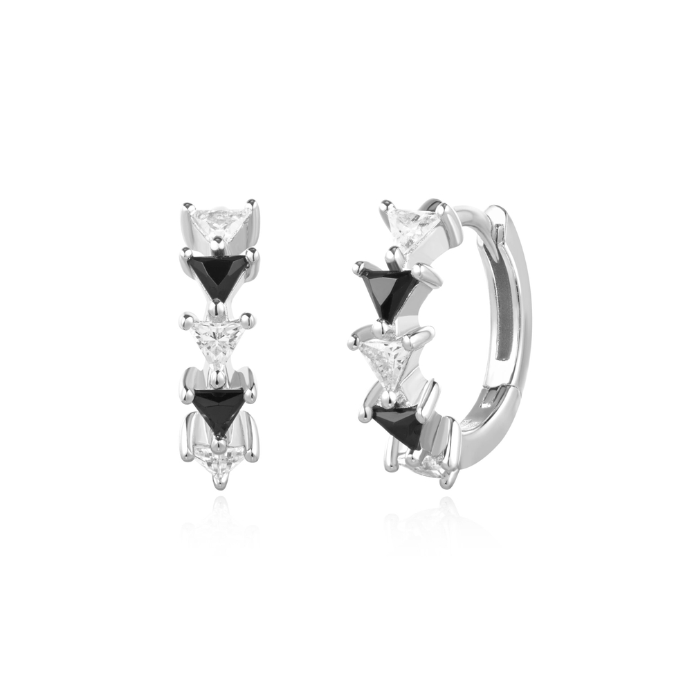 Anneaux de type huggies argent rhodié, zircons noirs et blancs - E059-13H - Ania Haie
