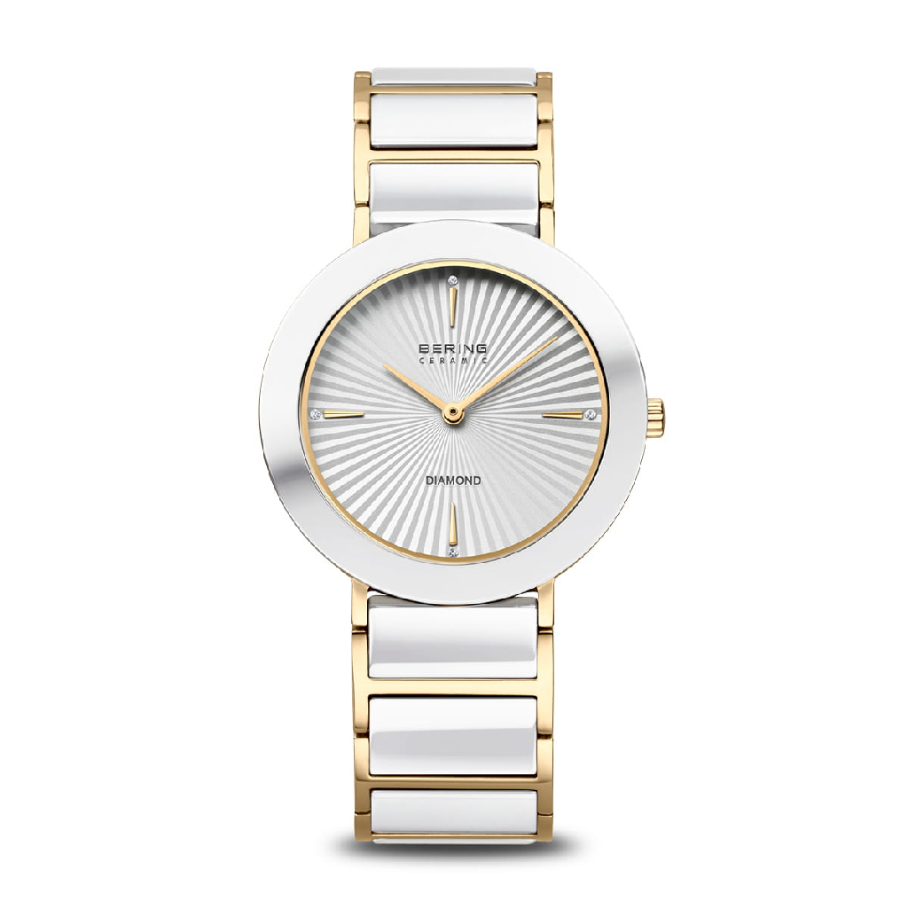 Montre acier inoxydable doré, céramique blanche, fond blanc