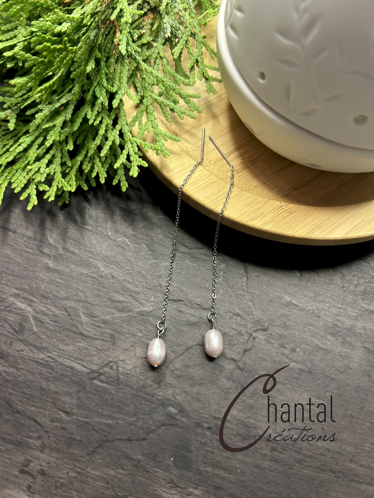Boucles d'oreilles chaînettes Shany rosée, acier inoxydable, perles d'eau douce - 25-BO-43 - Création Chantal