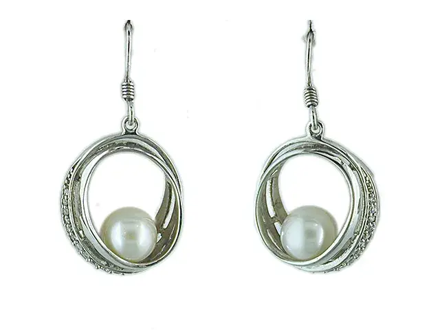 Bo pendantes argent, perles d'eau douce 7-7.5mm, zircons - EF50087 - Nishi Pearls