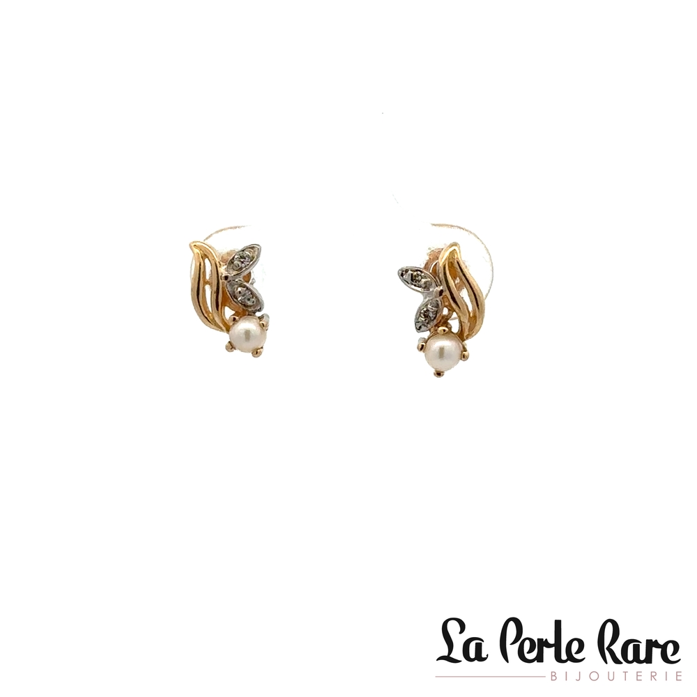 Boucles d'oreilles fixes or 2 tons (jaune/blanc) 10 carats, perles, 4 points de diamants total - LPR-2660 - Exclusivités