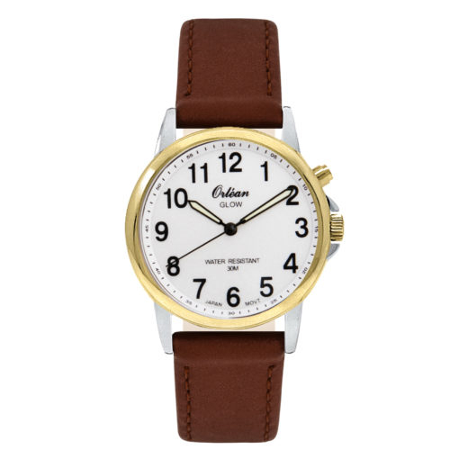 Montre cuir brun, acier inoxydable 2 tons (blanc et jaune), fond blanc - ME3640-BR - Orlean