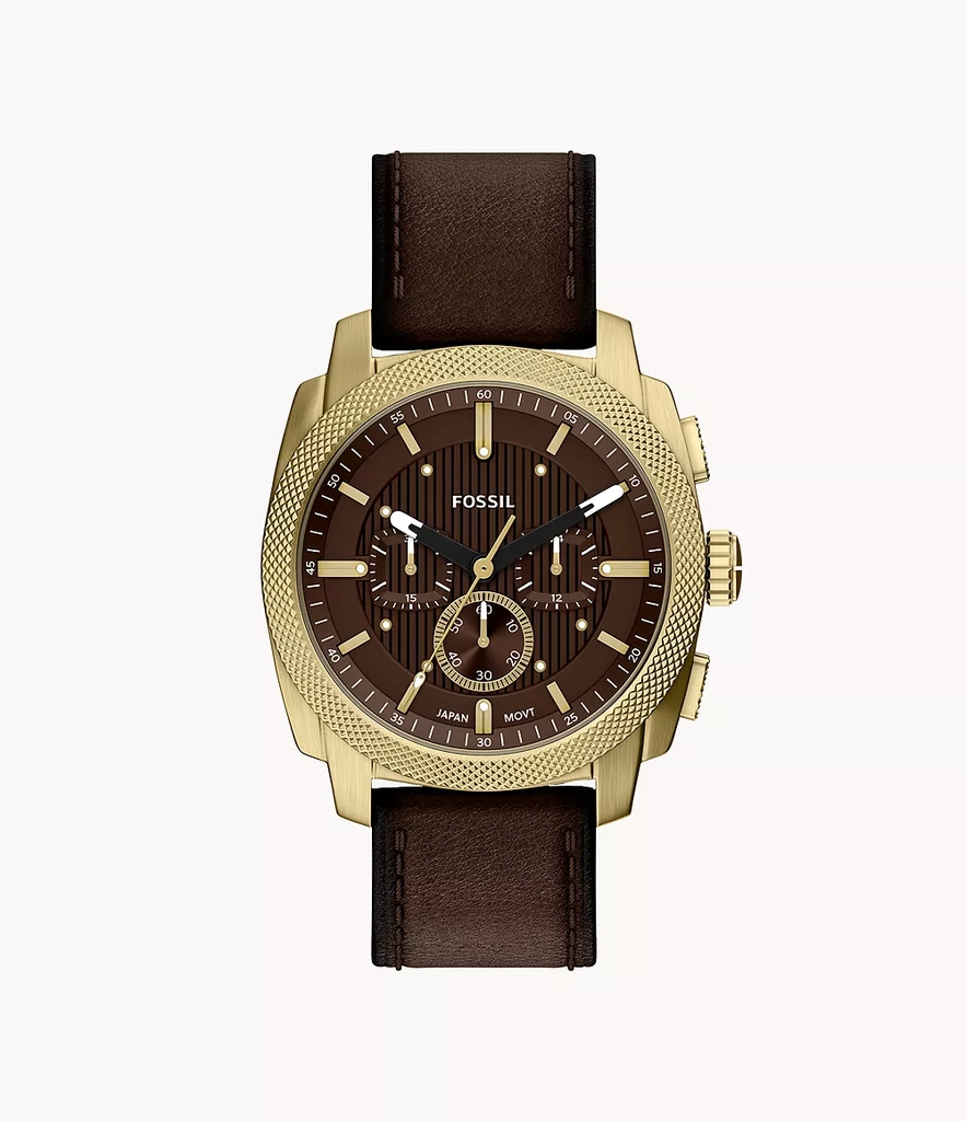 Montre chronographe, cuir brun, acier inoxydable doré, fond brun
