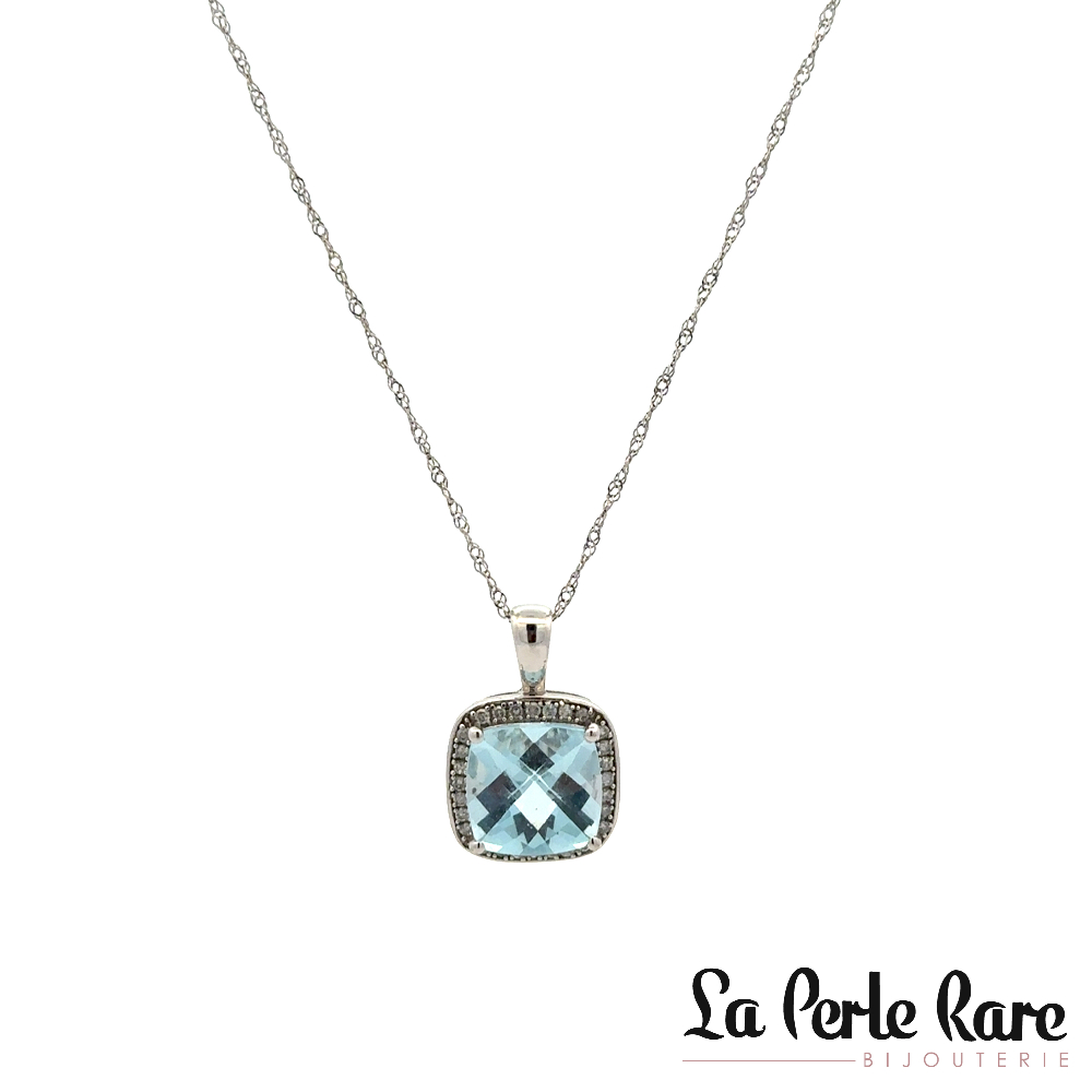 Pendentif or blanc 10 carats, topaze bleue, 9 points de diamants total - PDGKYW56869BTC - Exclusivités
