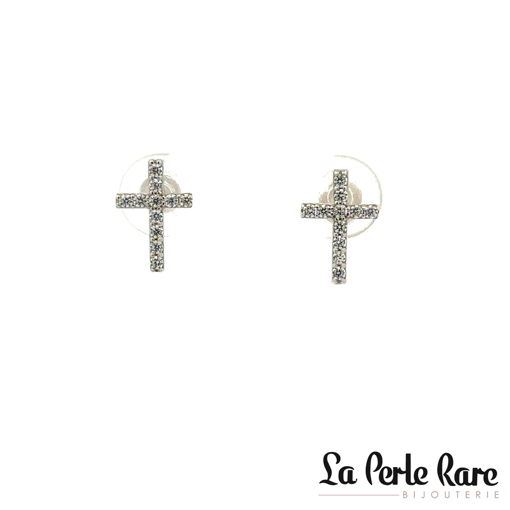 Boucles d'oreilles fixes croix, or blanc 10 carats, zircons incolores - EDS01-1905-B - Exclusivités