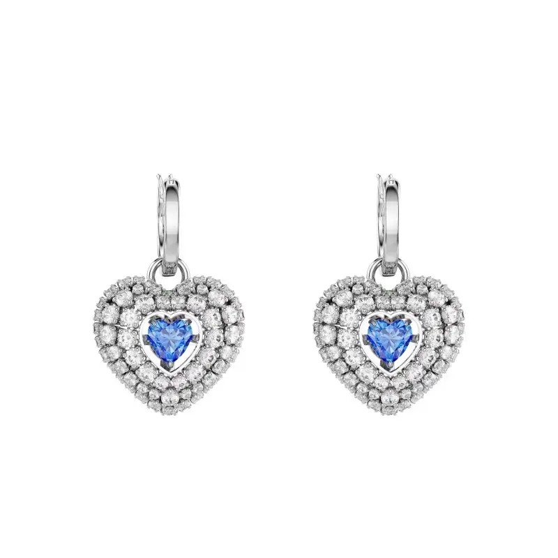 Anneaux coeurs, métal rhodié, cristaux blancs/bleus