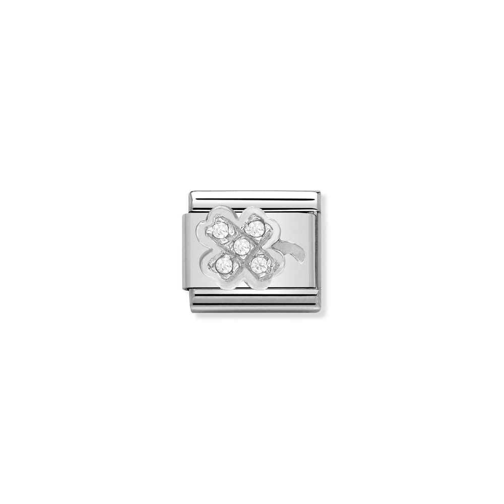 Maille classique trèfle à quatre feuilles, acier inoxydable, argent, zircons incolores - 33030407 - NOMINATION