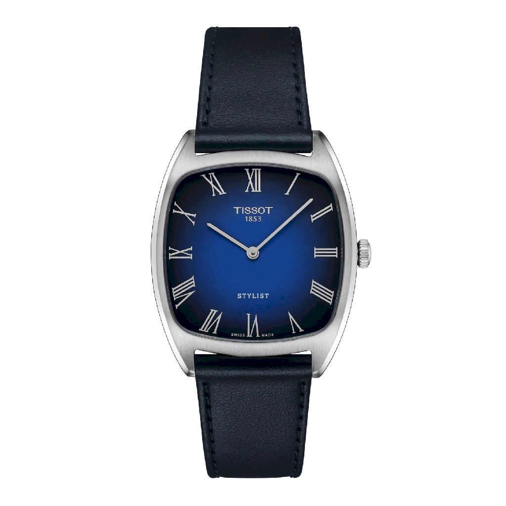 Stylist square watch, navy leather, stainless steel, blue dial