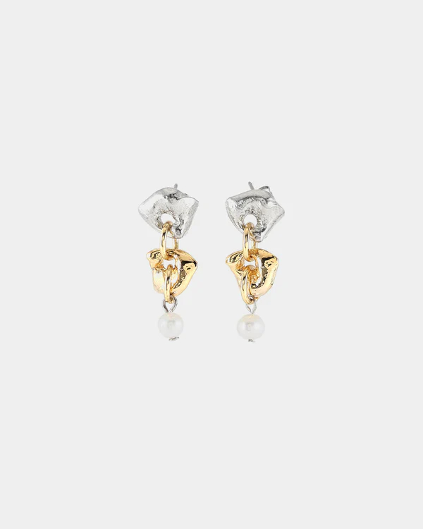 Boucles d'oreilles pendantes étain 2 tons (blanc et jaune), perles d'eau douce