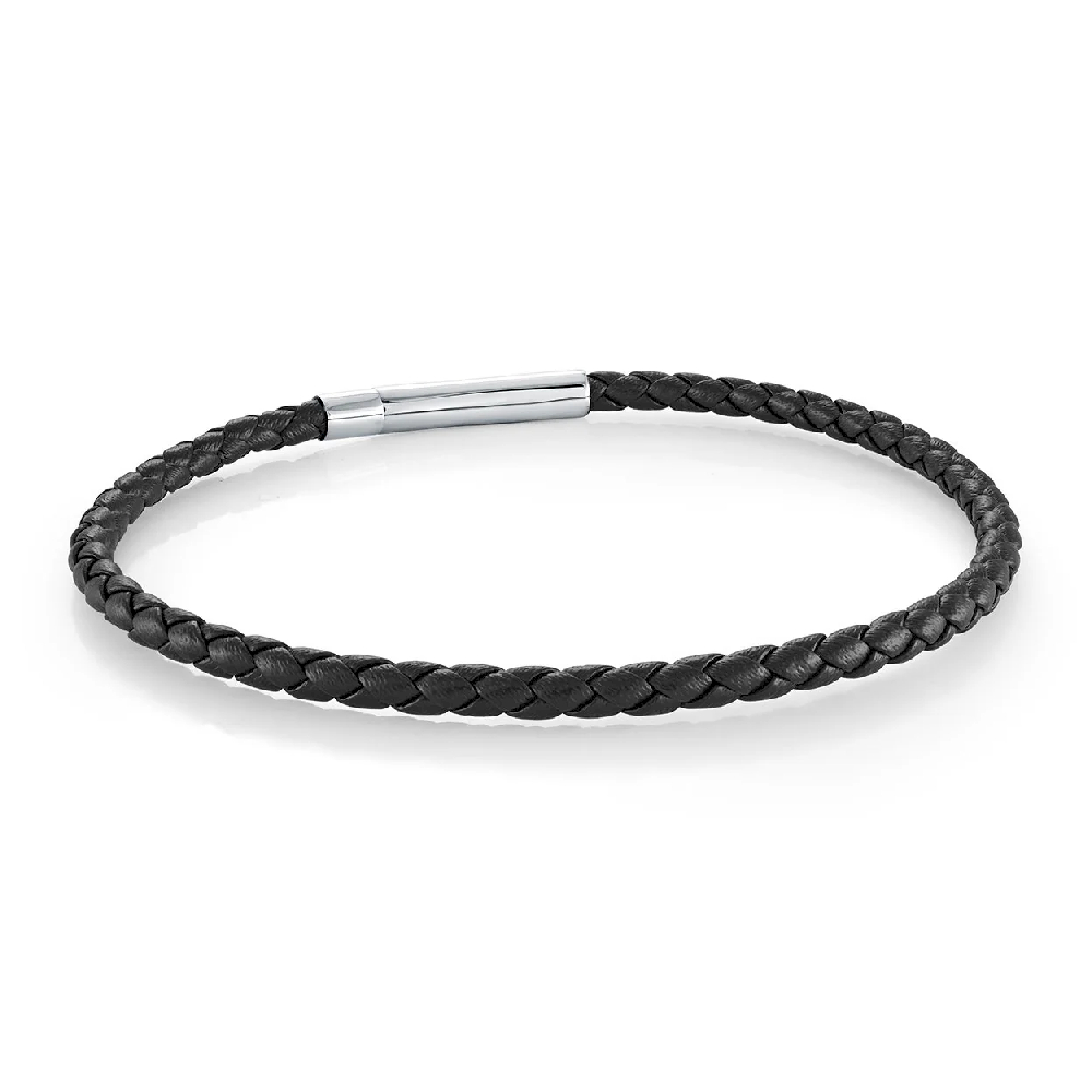 Bracelet cuir noir tressé, acier inoxydable - SLB624 - Italgem Steel