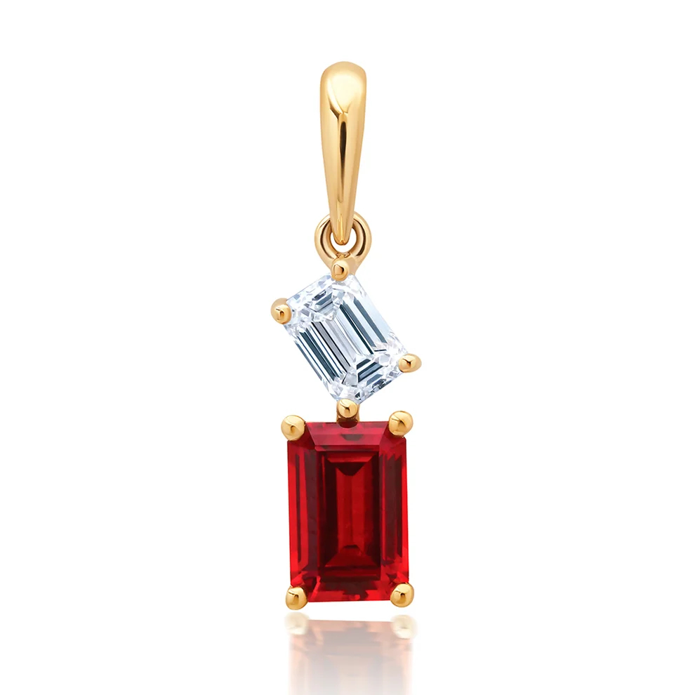 Pendentif or jaune 14 carats, rubis de laboratoire de 76 points, diamant de laboratoire de 25 points