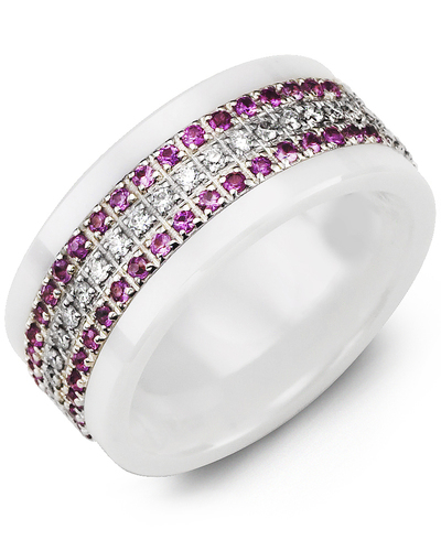 Jonc céramique blanche, or blanc 10 carats, 63 points de diamant et saphir rose total, 9 millimètres - MWD910IW-63H - Madani