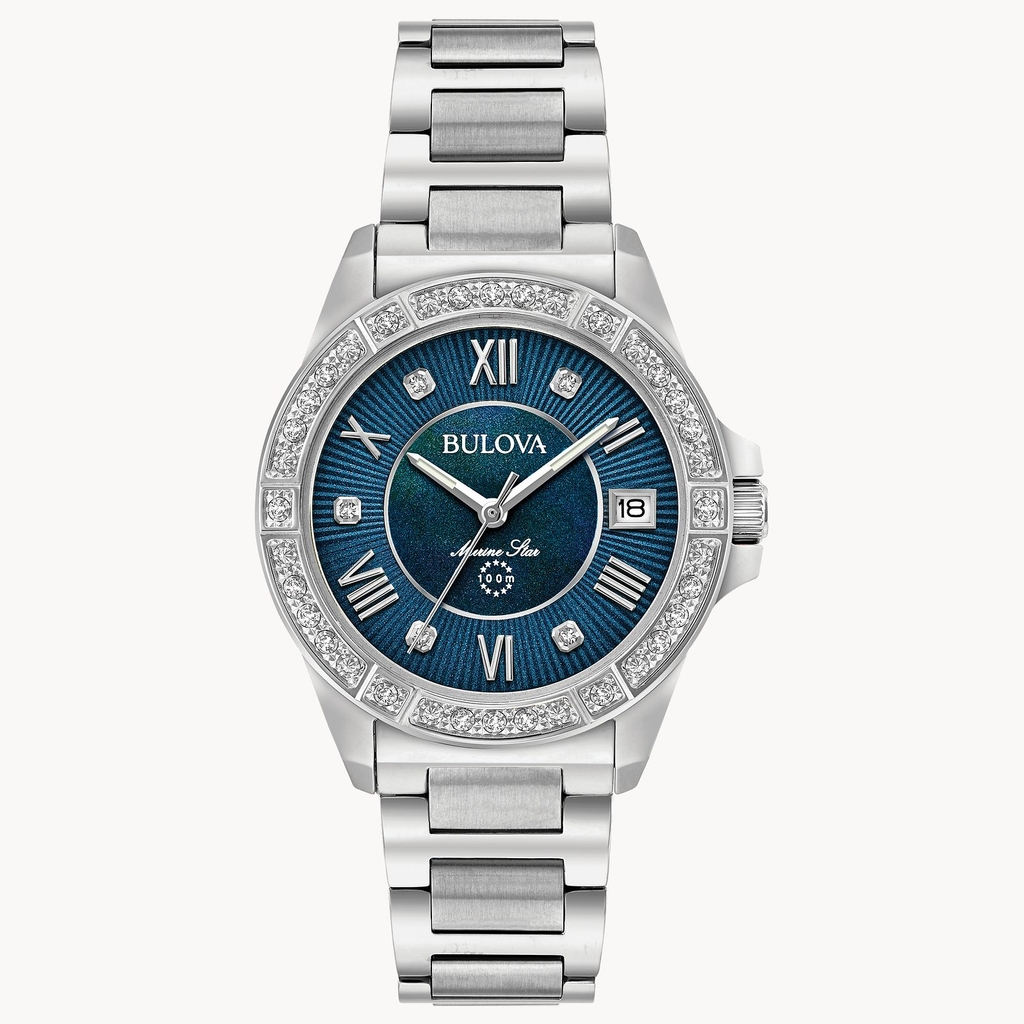 Montre Marine Star, acier inoxydable, diamants, fond bleu - 96R215 - Bulova